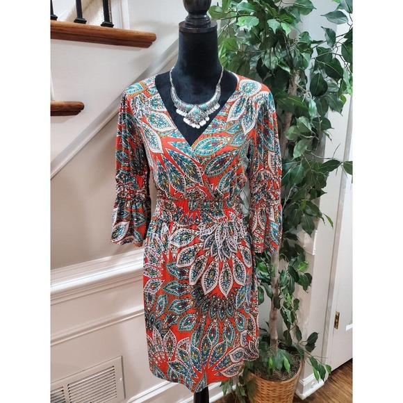 Enfocus Studio Women Multicolor Polyester V-Neck Long Sleeve Knee Length Dress 6 - Picture 1 of 13